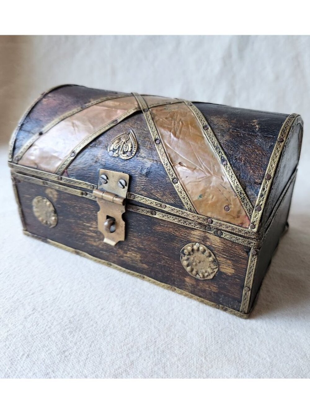 Vintage Small Treasure Chest Old Wooden Box With Brass Accents B